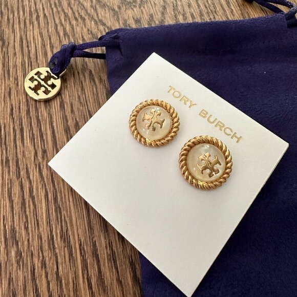 NEW！Tory Burch Roxanne Rope Circle-Stud Earrings -Mother Pearl or Pink Resin - Picture 6 of 8